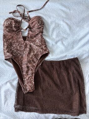 No Boundaries Brown Crochet One Piece & Cover-Up Set